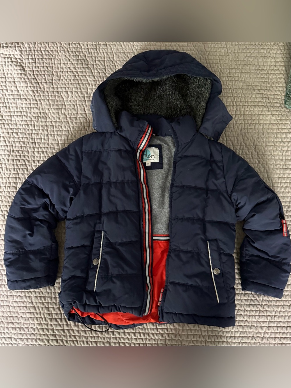Boden Navy Puffer Jacket with Red Trim and Faux-Fur Hood